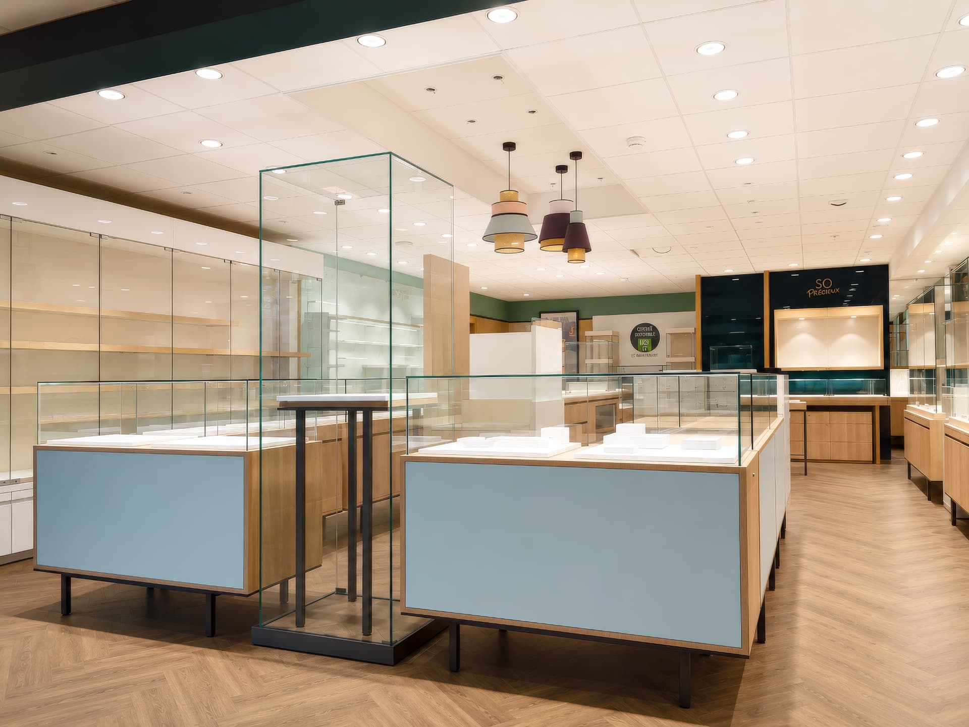 Sales floor with blue island counters and decorative pendant lamps