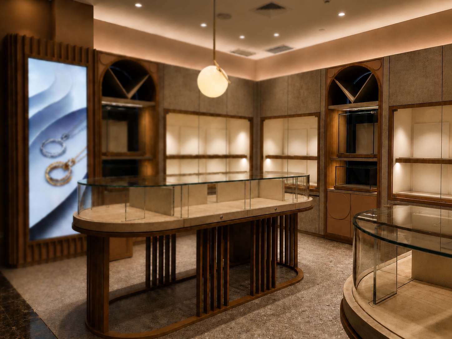 Luxury boutique showroom with arched wood display niches, a glass-top display table, and a backlit jewelry panel