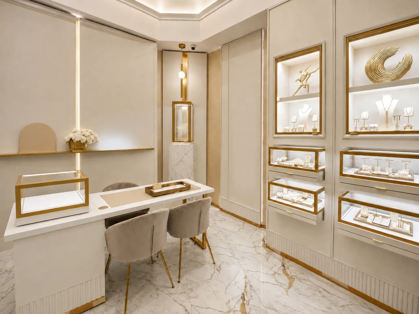 Private consultation room with ivory lacquer niches and pull-out display drawers