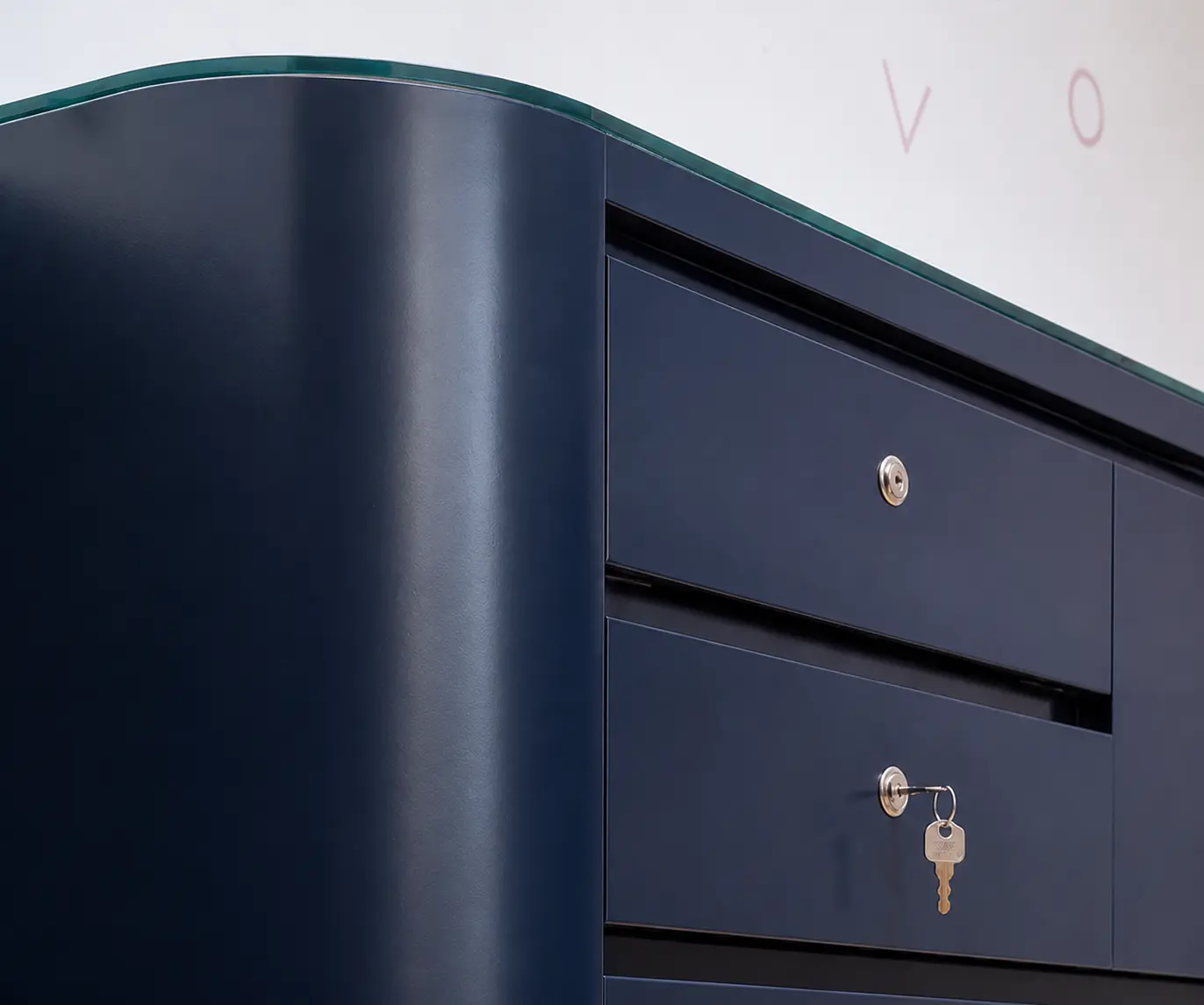 Close-up of the navy counter with lockable drawers