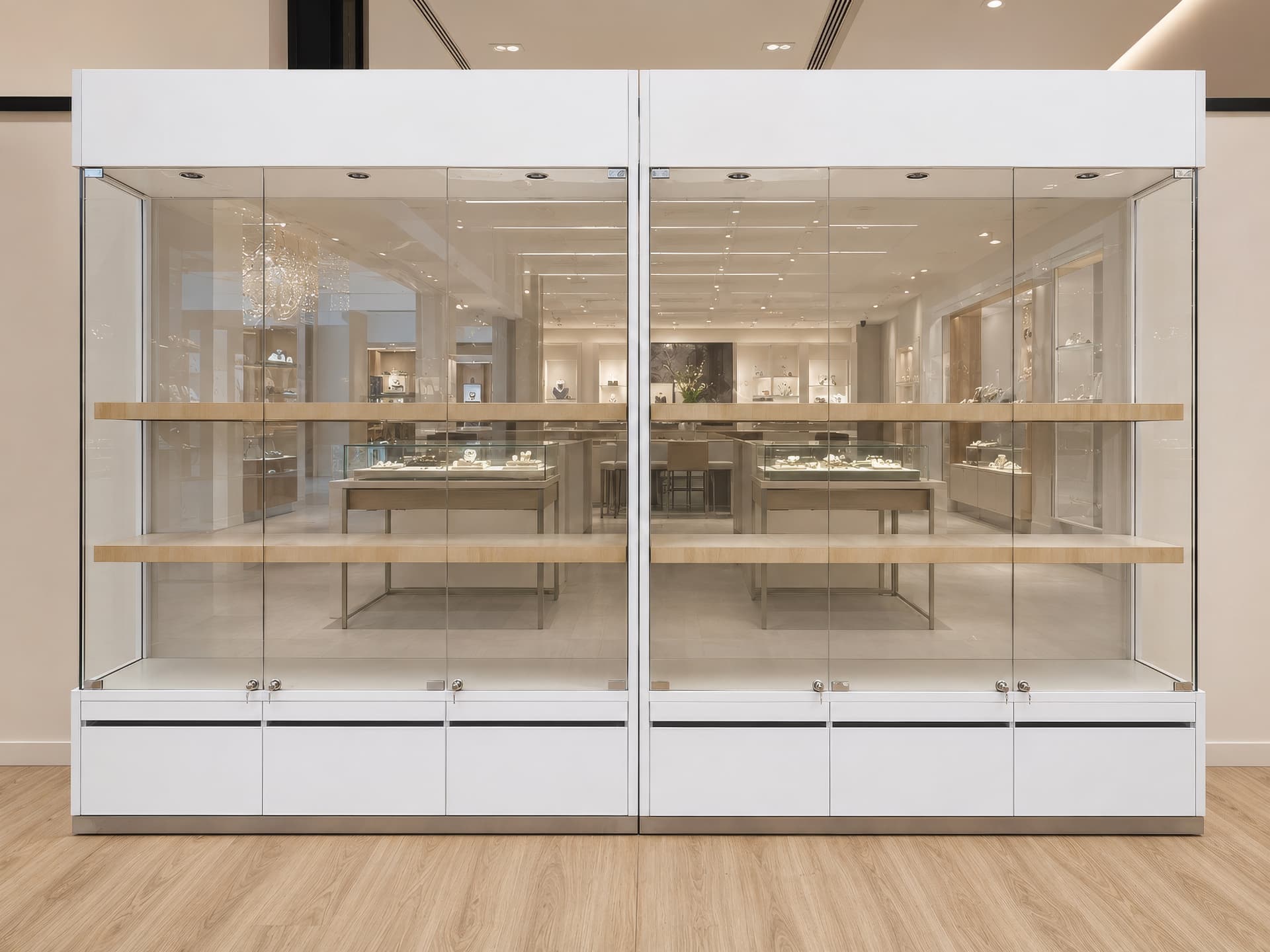 Twin tall vitrines with glass doors and LED-lit oak shelves