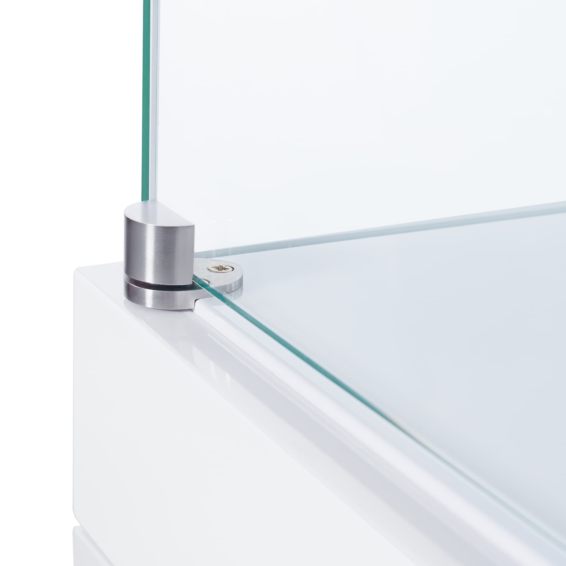 Close-up of a stainless steel glass clamp on a white showcase