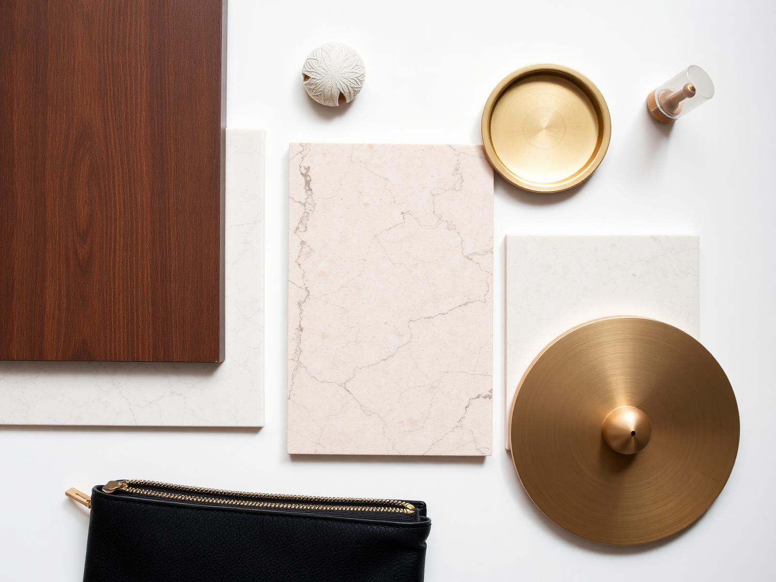 Material samples: smoked oak, travertine, brass, leather